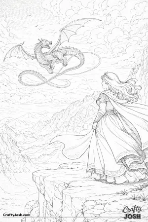This dramatic illustration shows a princess standing on a high cliff as the wind lifts her cloak and a dragon loops through the swirling clouds above