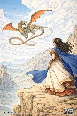 This dramatic illustration shows a princess standing on a high cliff as the wind lifts her cloak and a dragon loops through the swirling clouds above