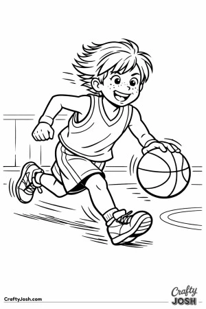 A young basketball player sprints down the court on a fast break while dribbling the ball with speed and excitement