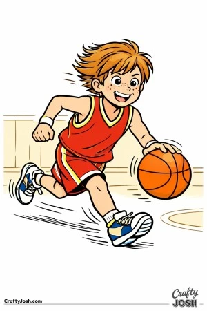 A young basketball player sprints down the court on a fast break while dribbling the ball with speed and excitement