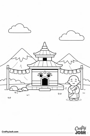 High in the mountains of Nepal, a small temple and a happy monk create a gentle scene inspired by a simple colored reference image