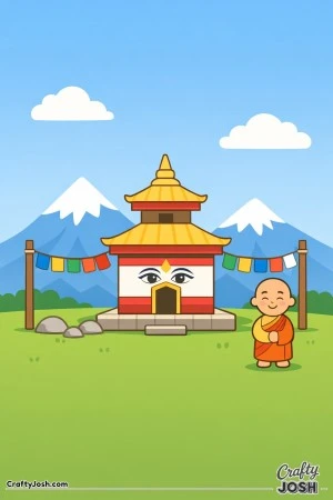 High in the mountains of Nepal, a small temple and a happy monk create a gentle scene inspired by a simple colored reference image