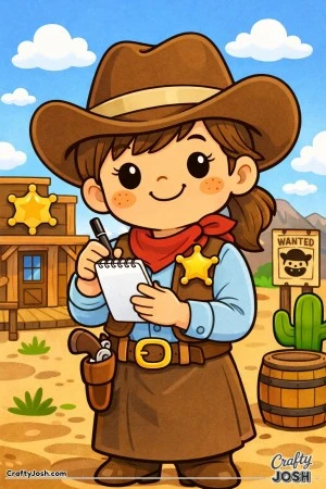 This cheerful sheriff is busy taking notes as she keeps the town safe and sound.