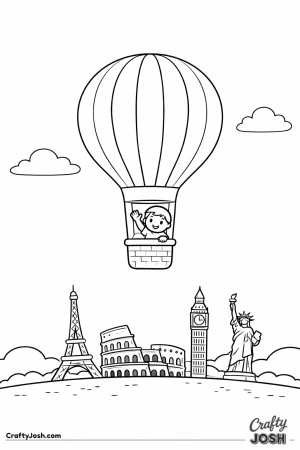Up in the sky, a smiling kid rides a big balloon on a trip around the world.