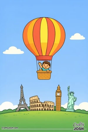 Up in the sky, a smiling kid rides a big balloon on a trip around the world.