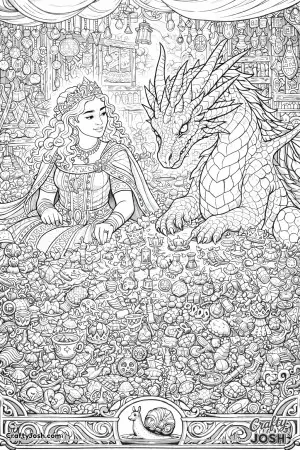 This scene shows a princess and her dragon sitting in a lively fantasy bazaar beside a massive hoard of tiny treasures.