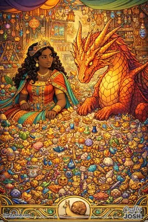 This scene shows a princess and her dragon sitting in a lively fantasy bazaar beside a massive hoard of tiny treasures.