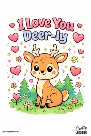 This adorable Valentine’s Day coloring page features a sweet baby deer surrounded by hearts, flowers, and forest shapes with the phrase “I Love ..