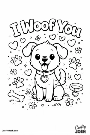 This playful Valentine’s Day coloring page features a happy puppy surrounded by hearts, paw prints, and fun details with the phrase “I Woof ..