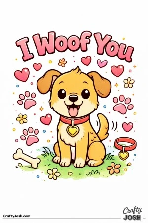 This playful Valentine’s Day coloring page features a happy puppy surrounded by hearts, paw prints, and fun details with the phrase “I Woof ..