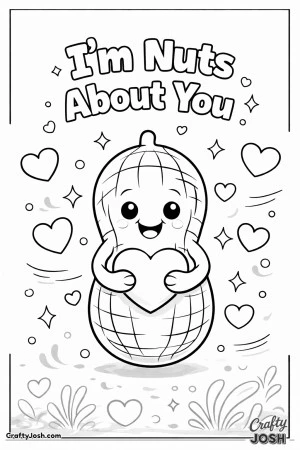 This fun Valentine’s Day coloring page features a smiling nut character holding a heart with the playful message “I’m Nuts About You.”