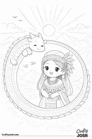 This warm colored illustration shows an Indigenous-inspired princess standing inside a bold circular frame, with a friendly dragon gently wrapped ..