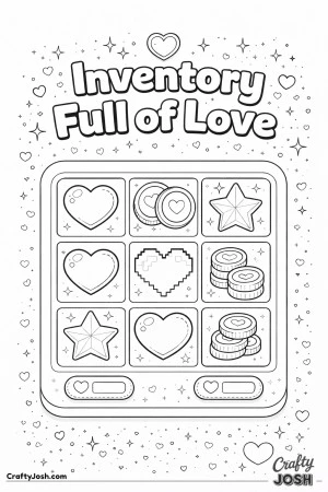 This fun Valentine’s Day coloring page features a game-style inventory grid filled with hearts, stars, and coins alongside the message “Inventory ..