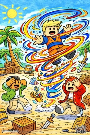 A silly Roblox-inspired island training scene where an avatar spins out of control during a power move, sending swirly energy everywhere as friends ..