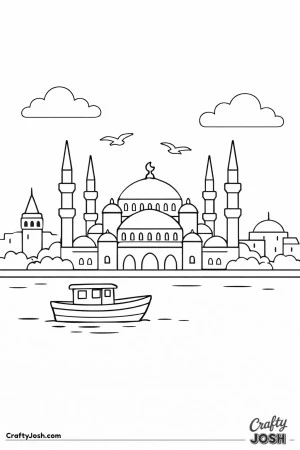 Travel to Istanbul with this friendly skyline scene, inspired by a colorful reference image filled with domes, boats, and birds.