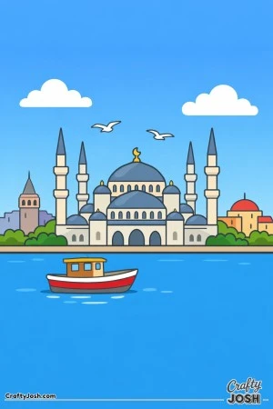 Travel to Istanbul with this friendly skyline scene, inspired by a colorful reference image filled with domes, boats, and birds.