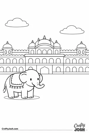 Travel to India with this playful Jaipur Palace picture, where a gentle elephant rests in front of a grand palace