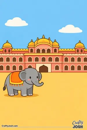 Travel to India with this playful Jaipur Palace picture, where a gentle elephant rests in front of a grand palace