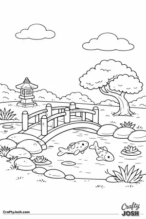 japanese garden, japan, arched bridge, red bridge, koi fish, koi pond, pond, lily pads, water lilies, stone lantern, garden tree, clouds, peaceful ..