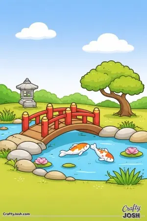 japanese garden, japan, arched bridge, red bridge, koi fish, koi pond, pond, lily pads, water lilies, stone lantern, garden tree, clouds, peaceful ..