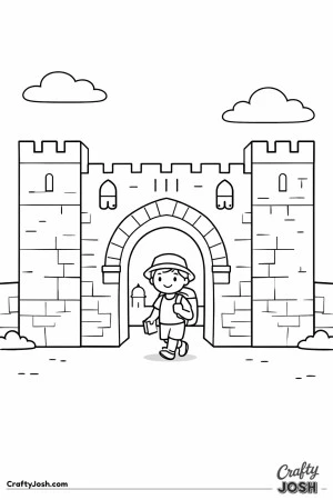 This scene shows a smiling boy walking through an ancient city gate under a calm, open sky.