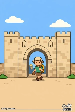This scene shows a smiling boy walking through an ancient city gate under a calm, open sky.