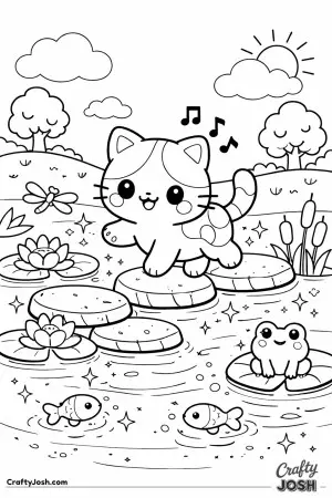 A curious kawaii cat hops across smooth stepping stones in a peaceful pond.