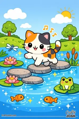 A curious kawaii cat hops across smooth stepping stones in a peaceful pond.