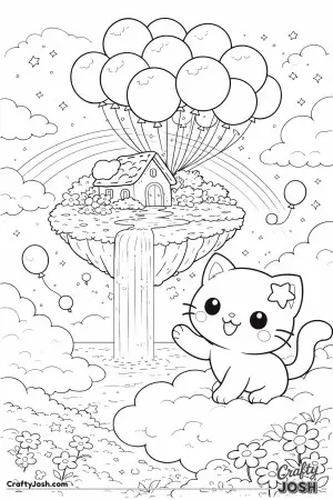 Kawaii cat discovering a floating balloon island