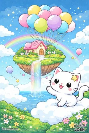 Kawaii cat discovering a floating balloon island