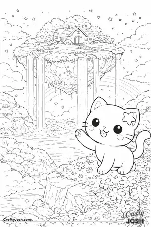Kawaii cat discovering a floating island with waterfalls