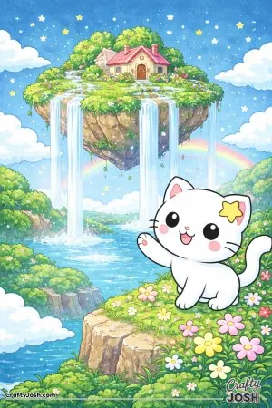 Kawaii cat discovering a floating island with waterfalls