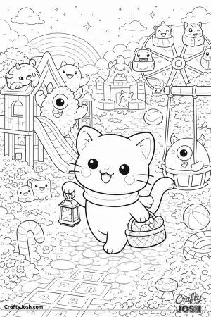 Kawaii cat discovering a friendly monsters playground