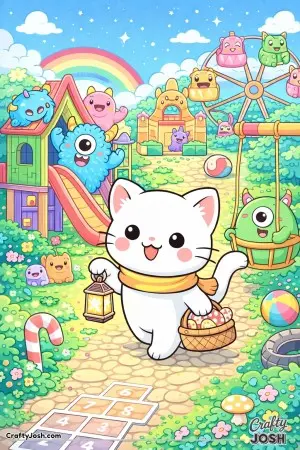 Kawaii cat discovering a friendly monsters playground