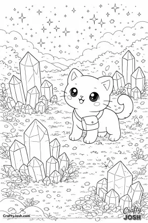 Kawaii cat discovering a glowing crystal meadow