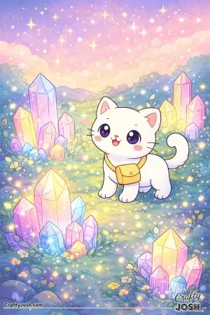 Kawaii cat discovering a glowing crystal meadow
