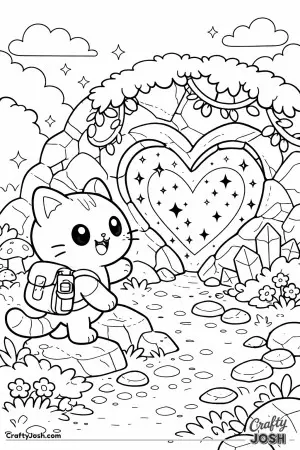 Kawaii cat discovering a glowing heart shaped cave