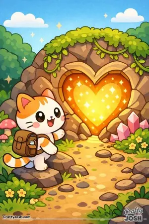 Kawaii cat discovering a glowing heart shaped cave
