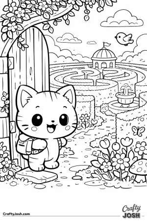 A curious kawaii cat opens a secret door and discovers a magical garden maze.
