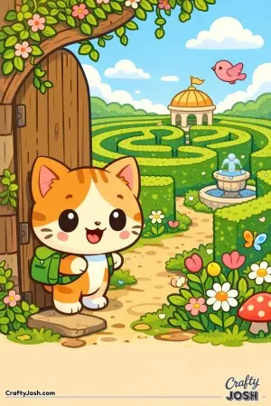 A curious kawaii cat opens a secret door and discovers a magical garden maze.