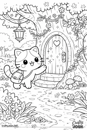 A brave kawaii cat discovers a mysterious door hidden inside an old tree.