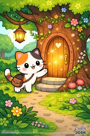 A brave kawaii cat discovers a mysterious door hidden inside an old tree.