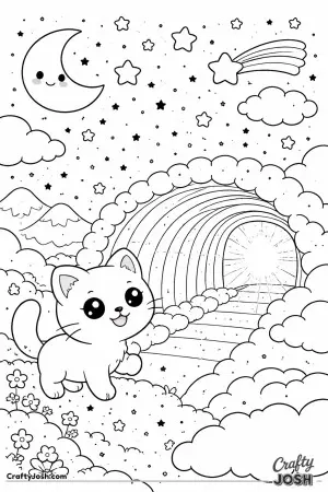 Kawaii cat discovering a magical rainbow tunnel