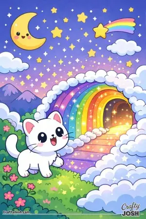 Kawaii cat discovering a magical rainbow tunnel