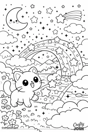 Kawaii cat discovering a magical star bridge