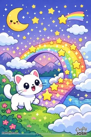 Kawaii cat discovering a magical star bridge