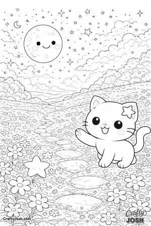 Kawaii cat discovering a moonlit meadow with flowers