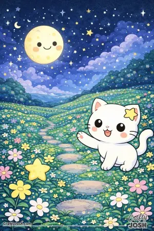 Kawaii cat discovering a moonlit meadow with flowers