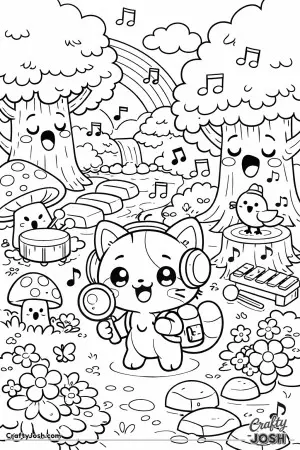 Kawaii cat discovering a music forest with singing trees