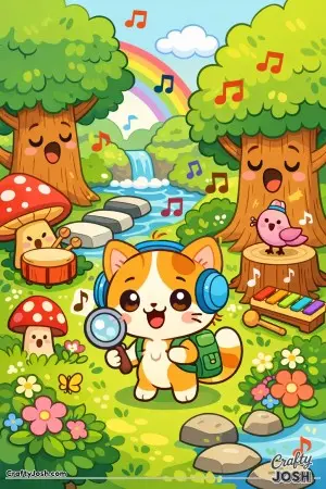 Kawaii cat discovering a music forest with singing trees